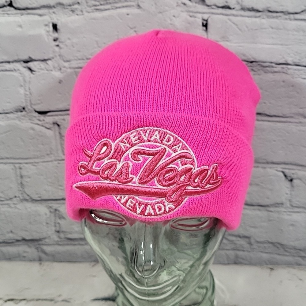 Las Vegas Nevada Beanie Hat Womens Pink High Vis Stretch Warm Winter Ski Cap